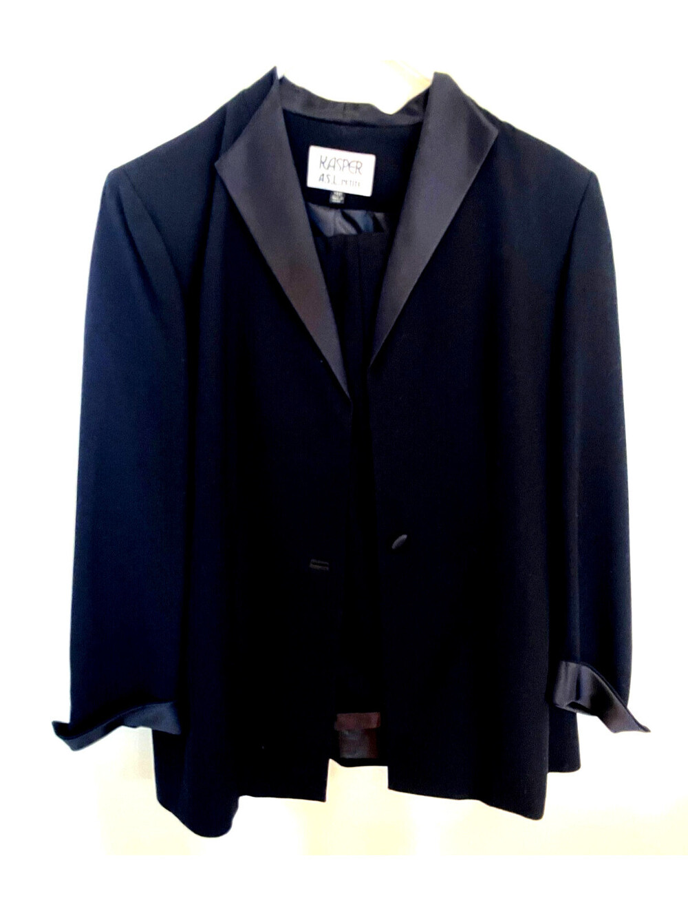 Kasper ASL Petite Black Pant Suit Set Womens 14P Jacket Pants Satin Trim vintage